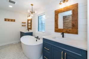 Dual bathroom vanities in navy provide fresh inspiration for Kamloops bathroom renovations
